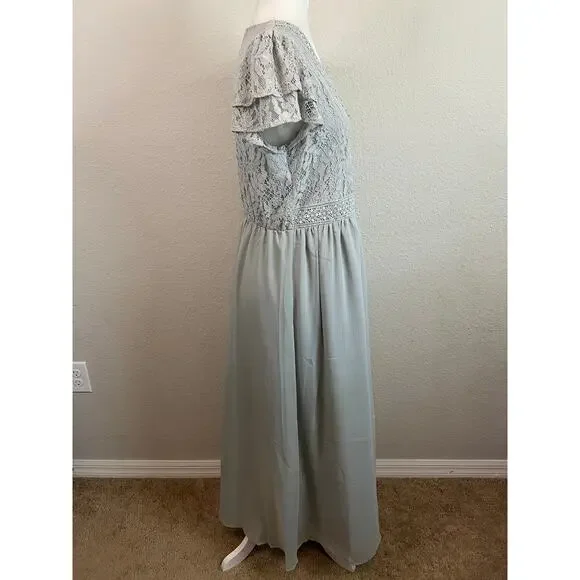 New Tea N Rose Maxi Dress Women's L Blue Gray Lace Flutter Sleeve Boho Chic - Picture 6 of 8